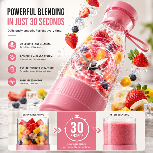 BlendMate Portable Blender Juicer – USB Rechargeable 6-Blade Smoothie Maker (420ml)