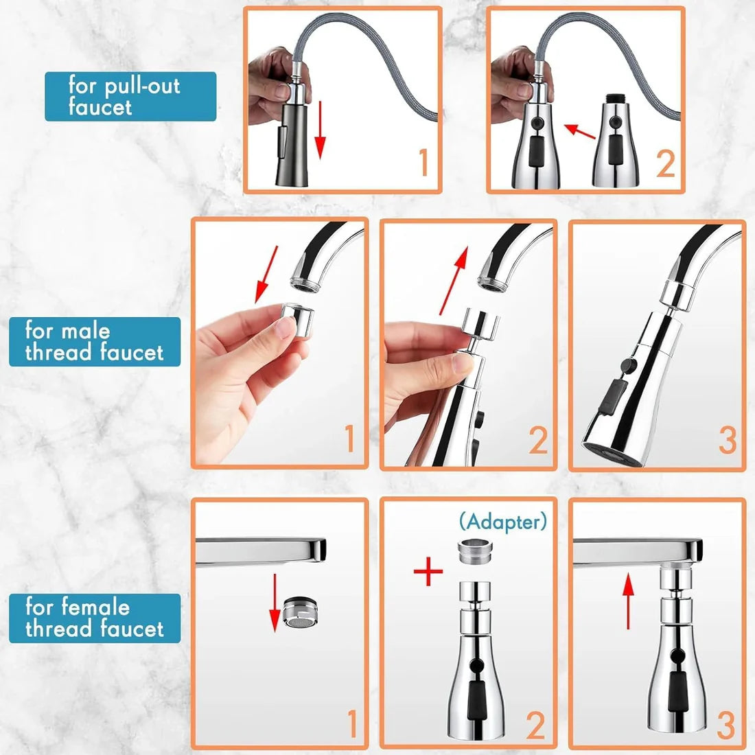 360° Kitchen Faucet Sprayer Attachment – 3 Spray Modes, Universal Fit