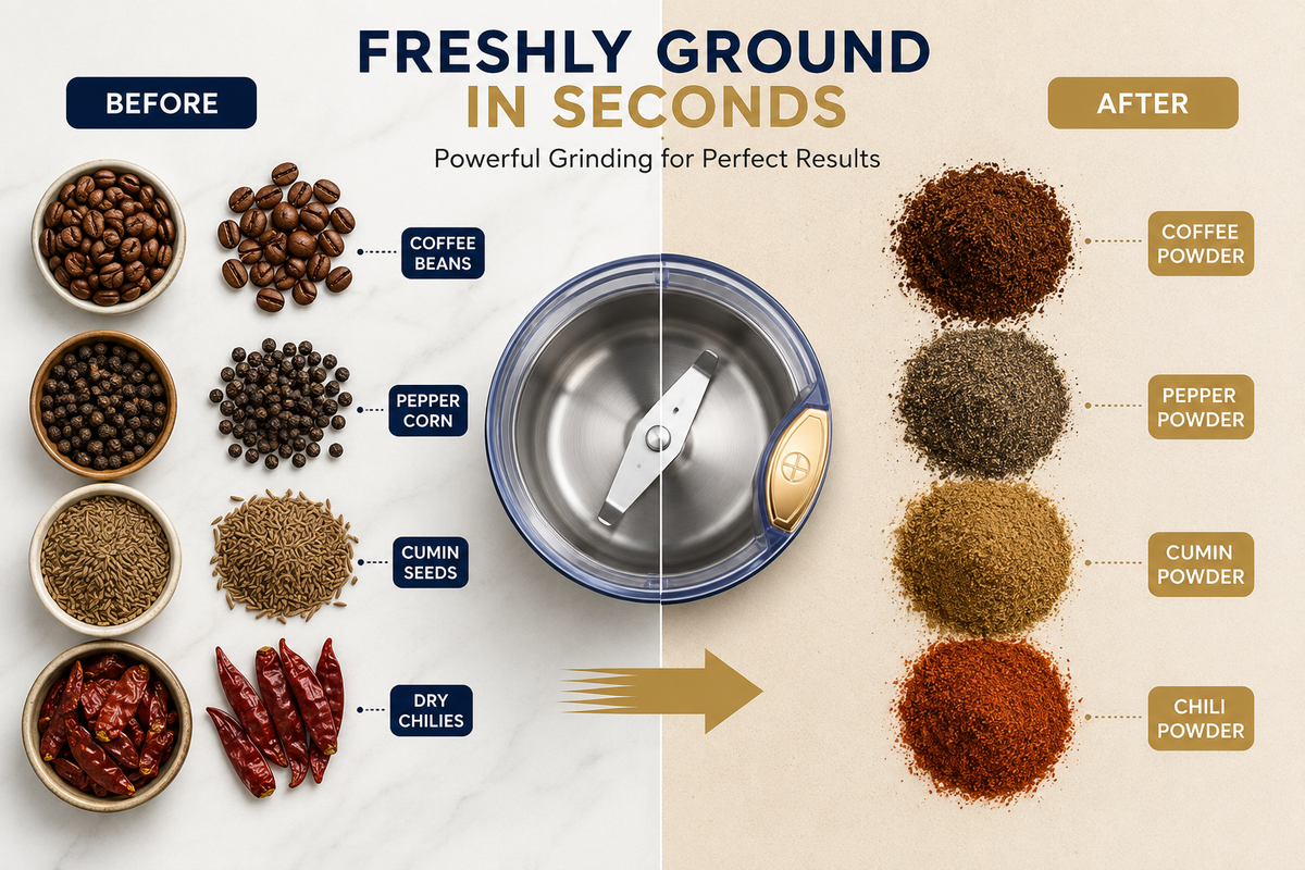 Electric Coffee & Spice Grinder – One-Touch Stainless Steel Portable Mini Grinder